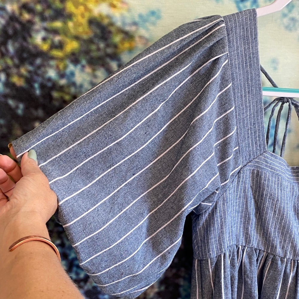 Free People blue and white Striped Mini Dress open back puff sleeves denim like - Picture 7 of 12